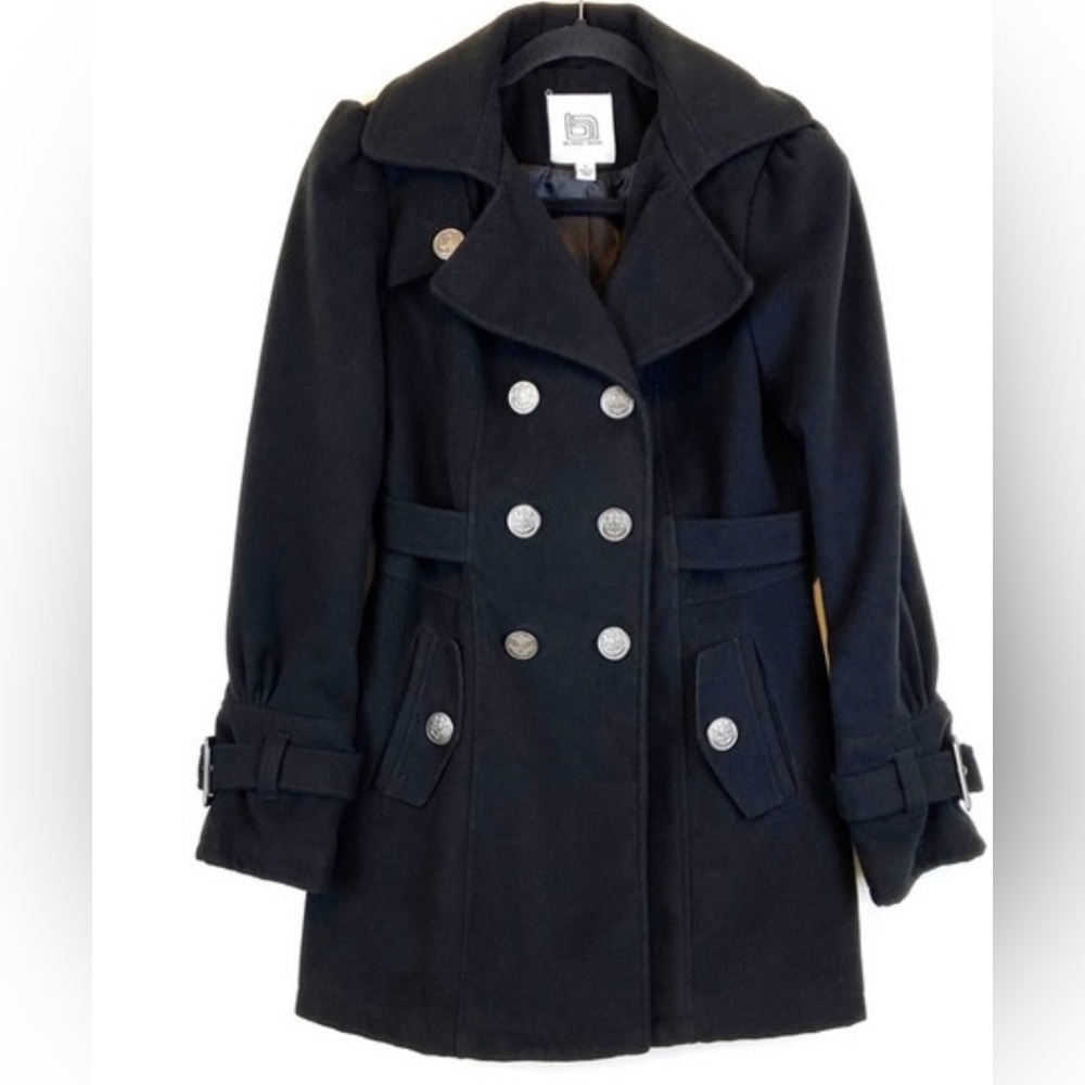 Blanc Noir Black Pea Coat Double Breasted Button Buckle Size Large